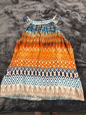 I.N. Studio Orange, Blue & Cream Printed Halter Tank Top
